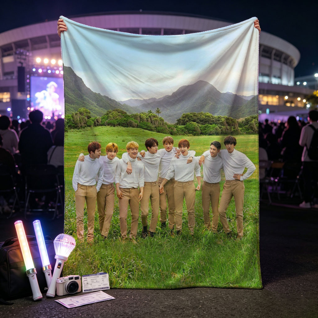BTS in a Serene Mountain Field Wearing Matching White Shirts and Beige Pants - Blankets