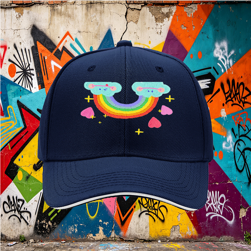 Unisex Classic Sandwich Hat with Rainbow Clouds and Hearts Print - Perfect for Casual Outings, Festivals, and Everyday Wear - Ideal for Teens and Young Adults Seeking Fun, Colorful Accessories