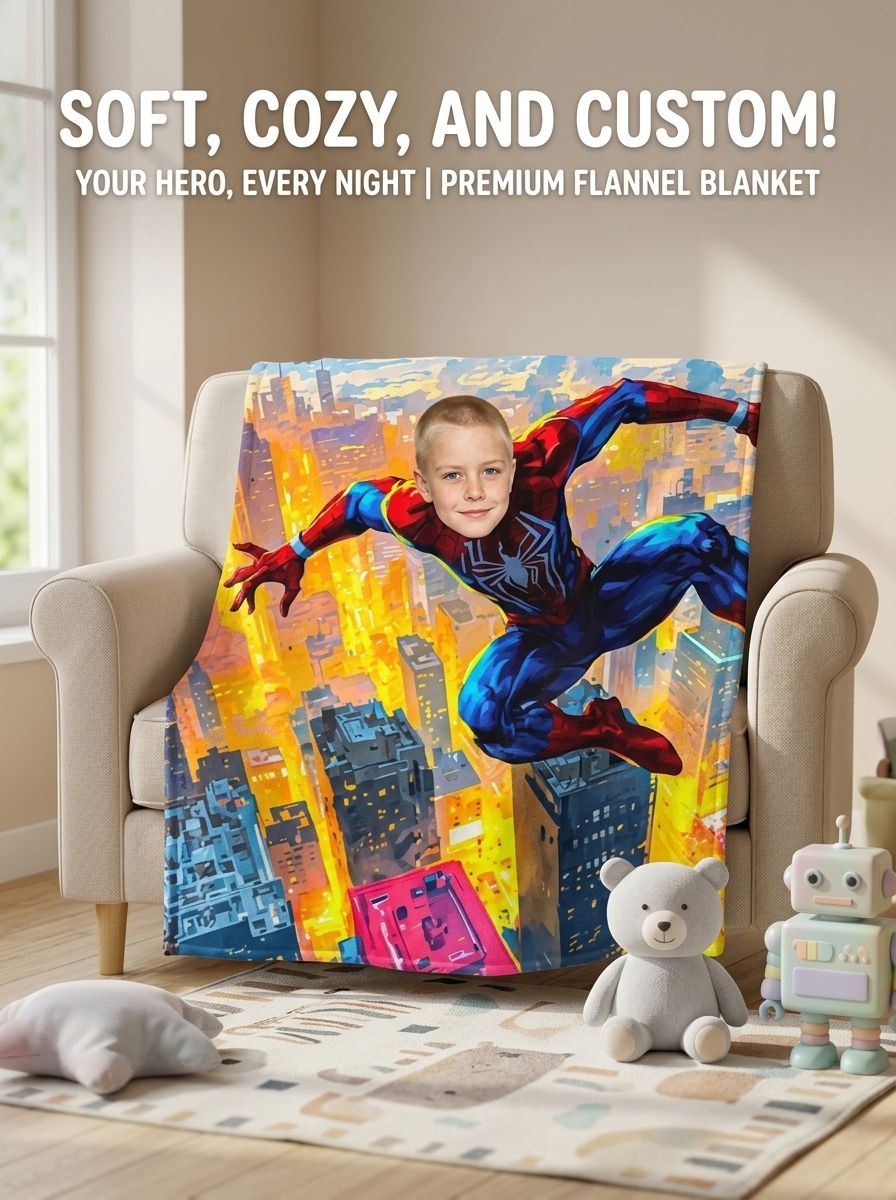 Personalized Face Superhero Fleece Blanket Custom Photo Upload Plush Flannel Throw for Kids Cozy Birthday Keepsake Gift