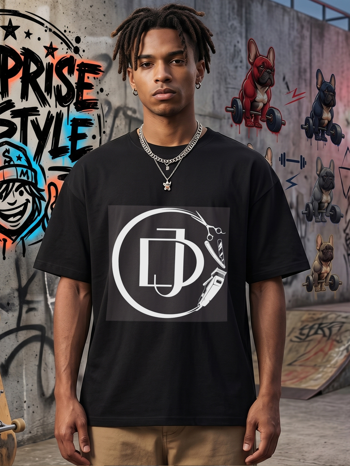 Men's Printed T-Shirt with Barber Tools and Monogram Design, Casual Round Neck Summer Lightweight Breathable Short Sleeve Tee for Barbershop Enthusiasts and Hair Styling Professionals