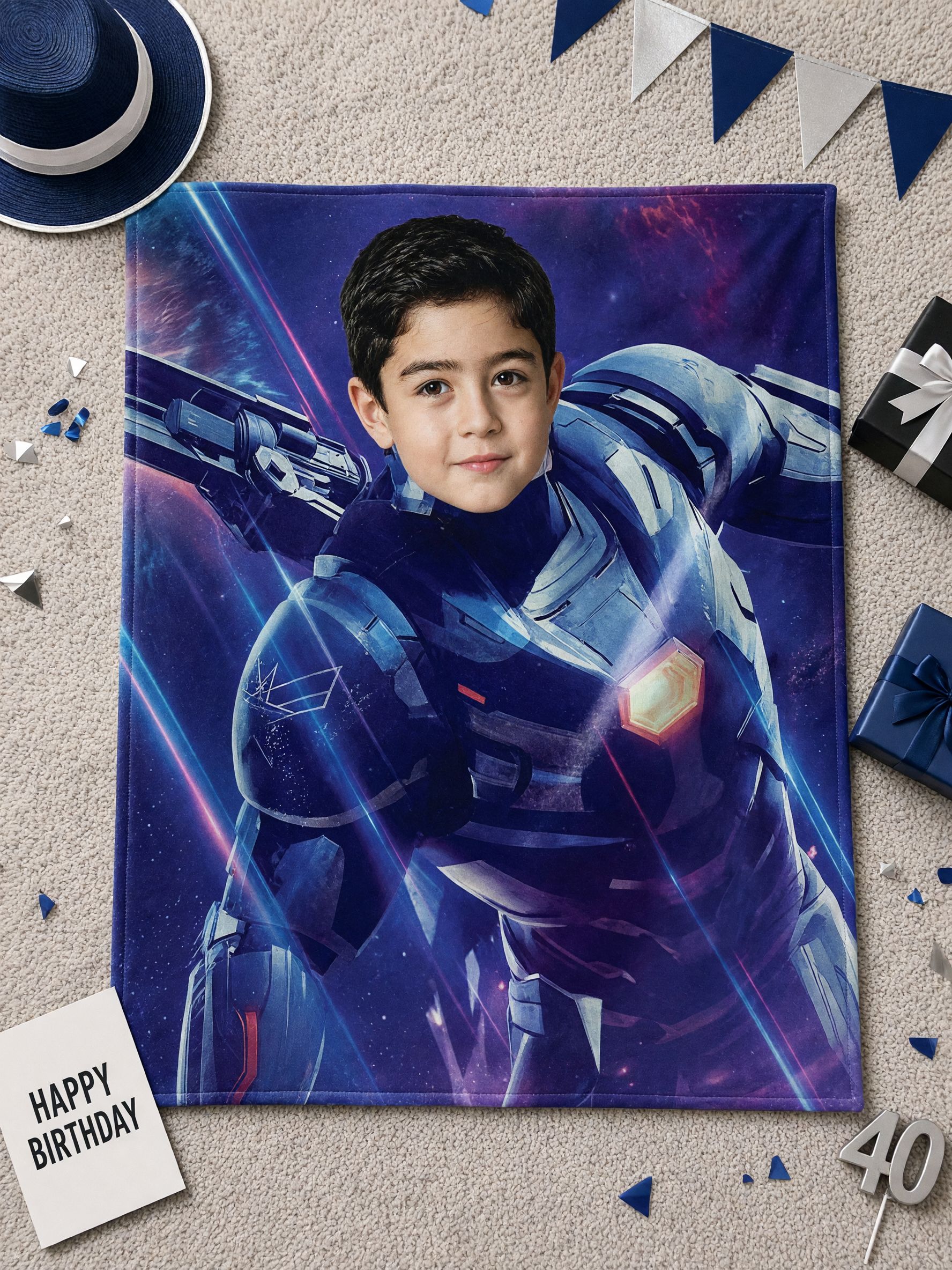 Personalized Photo Superhero Flannel Throw Blanket Custom Face Sci-Fi Armor Bedding Cozy Soft Plush Gift for Kids and