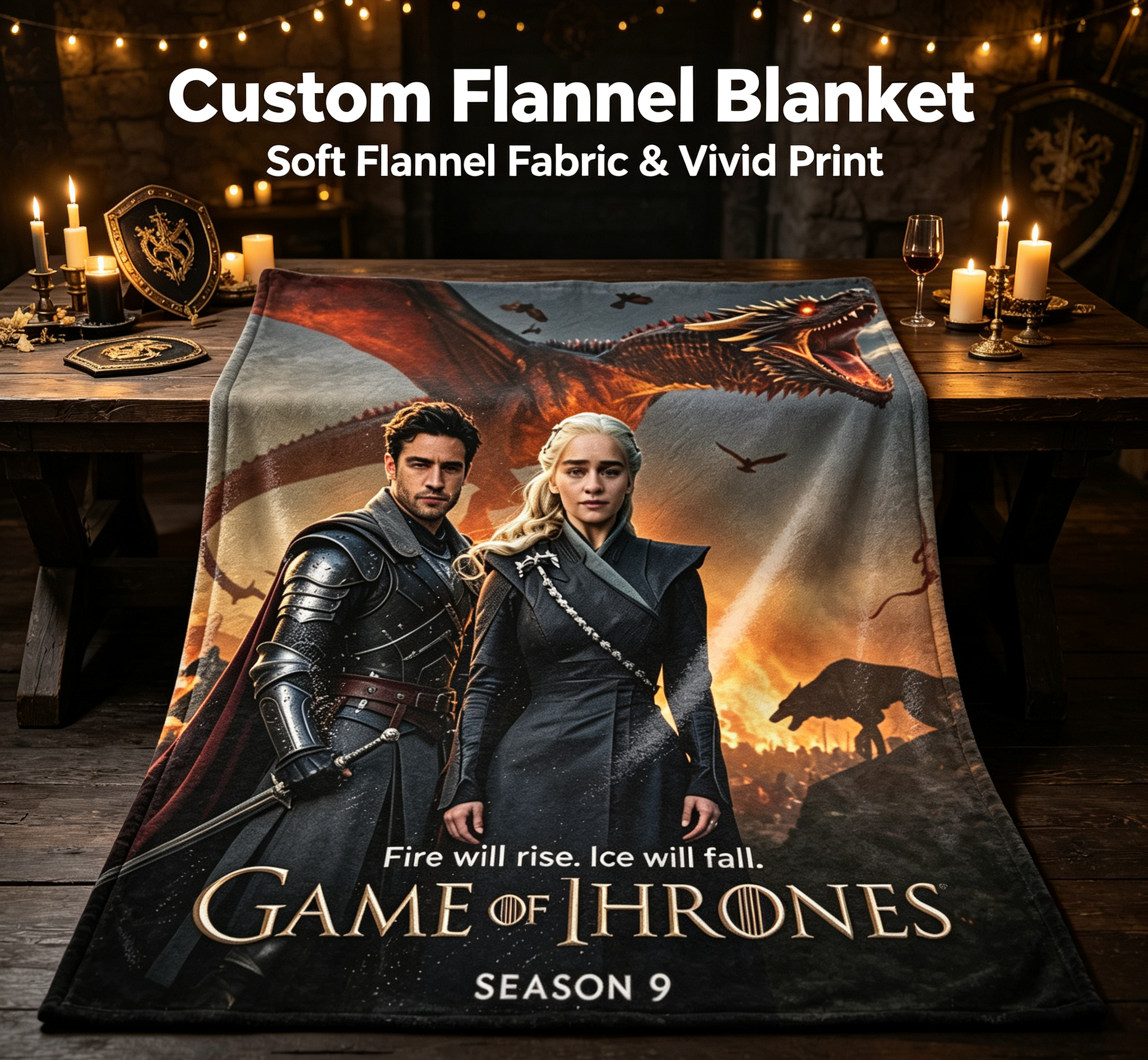 Custom Face Blanket Game of Thrones Season 9 Flannel Blanket for Couch, Bed, or Travel Perfect Gift for Fans and Collectors