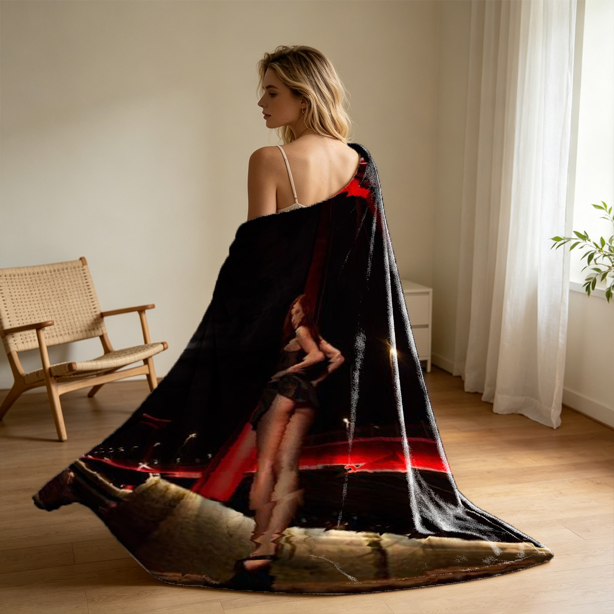 Nude woman with long brown hair posing seductively at doorway - Blanket