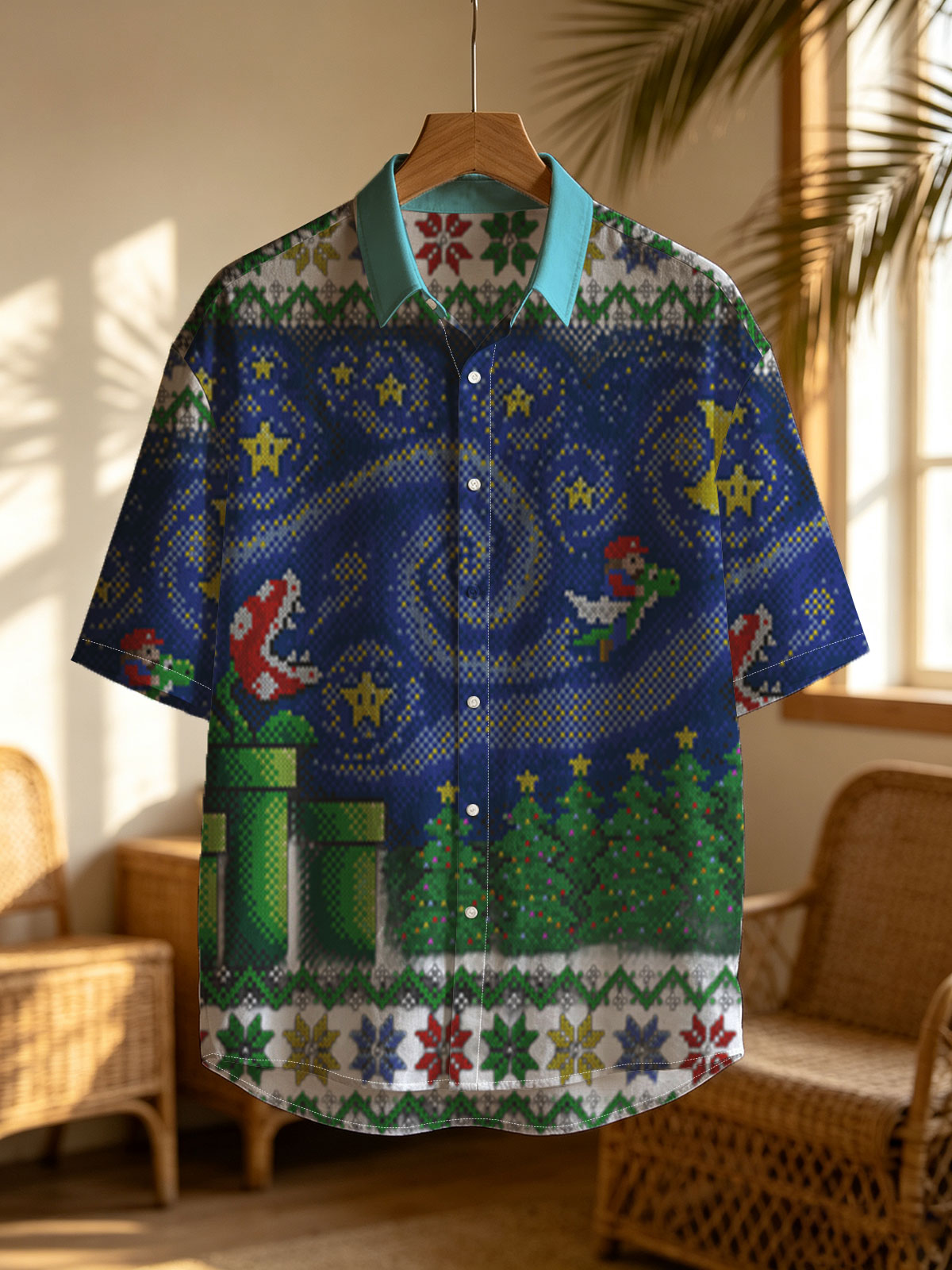 Mario and Yoshi in Starry Night with Bowser and Pipe Scene -  Shirt