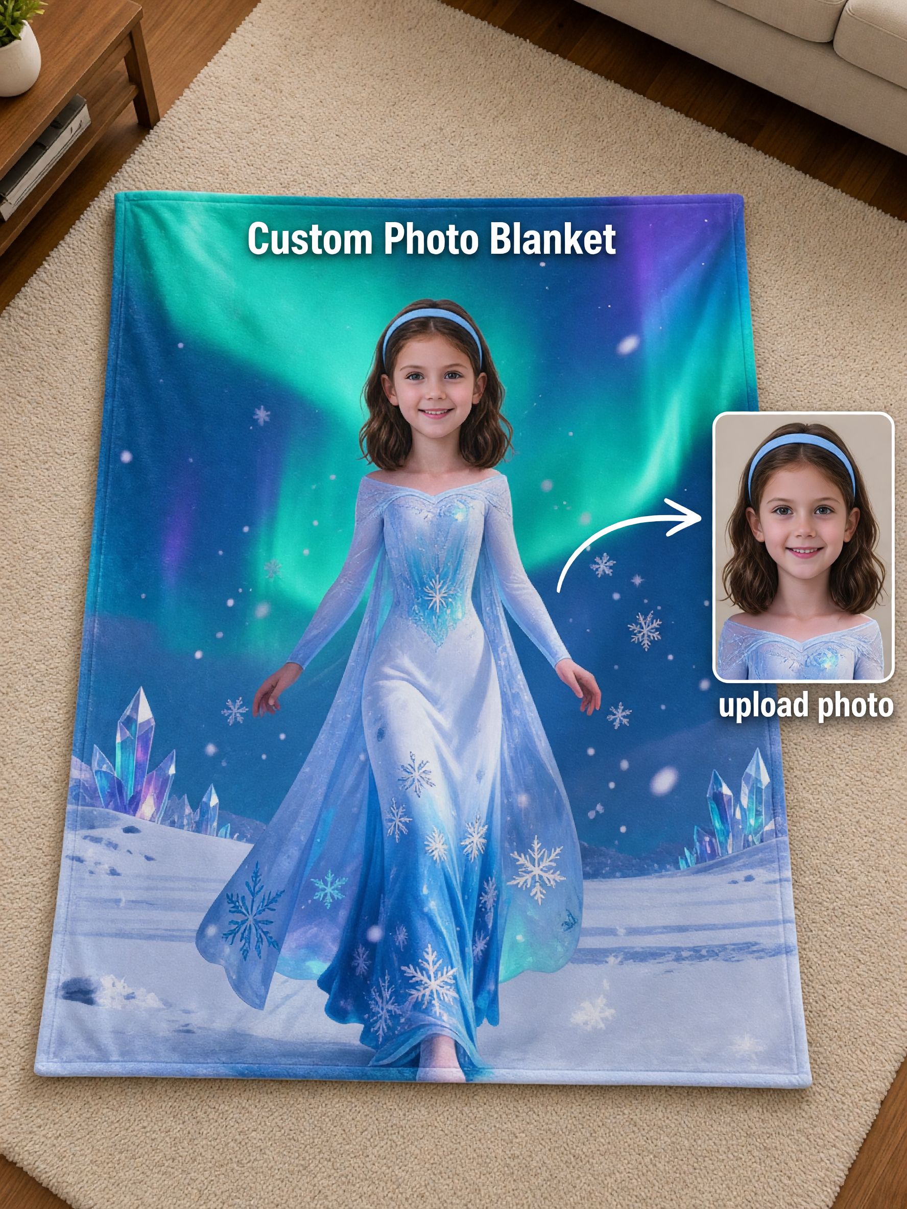 Personalized Face Ice Princess Blanket, Custom Photo Soft Flannel Throw for Kids, Ideal Cozy Winter Gift