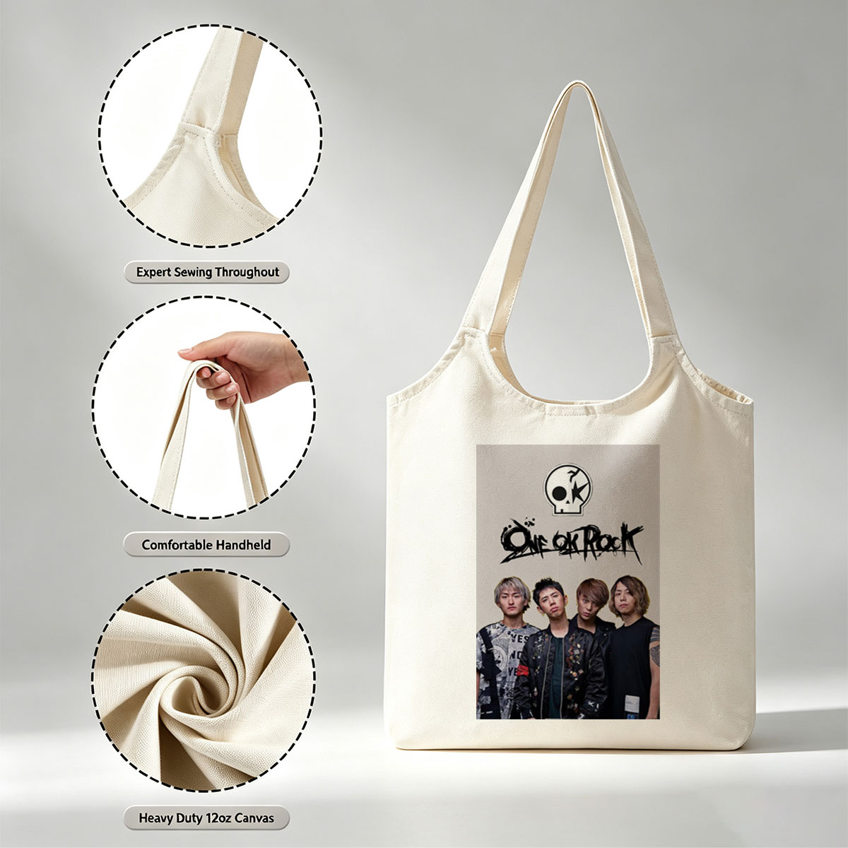One Ok Rock Band Members Standing Together in Stylish Outfits with Logo Above - Canvas shoulder bags/