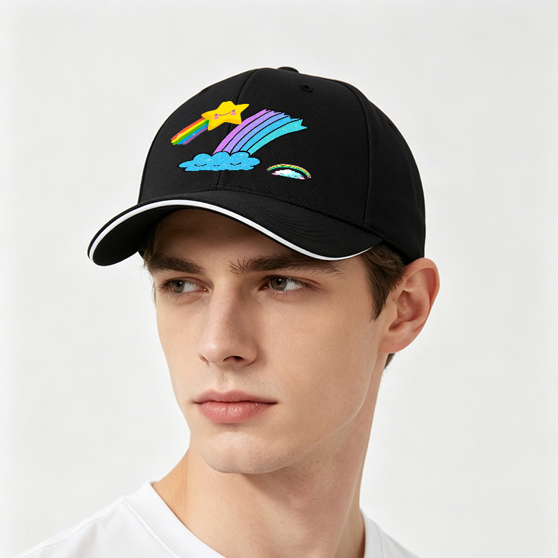 Unisex Classic Sandwich Hat with Rainbow Star and Cloud Print - Perfect for Casual Outings, Outdoor Activities, and Everyday Wear - Ideal for Adults and Teens Seeking Fun, Colorful Headwear