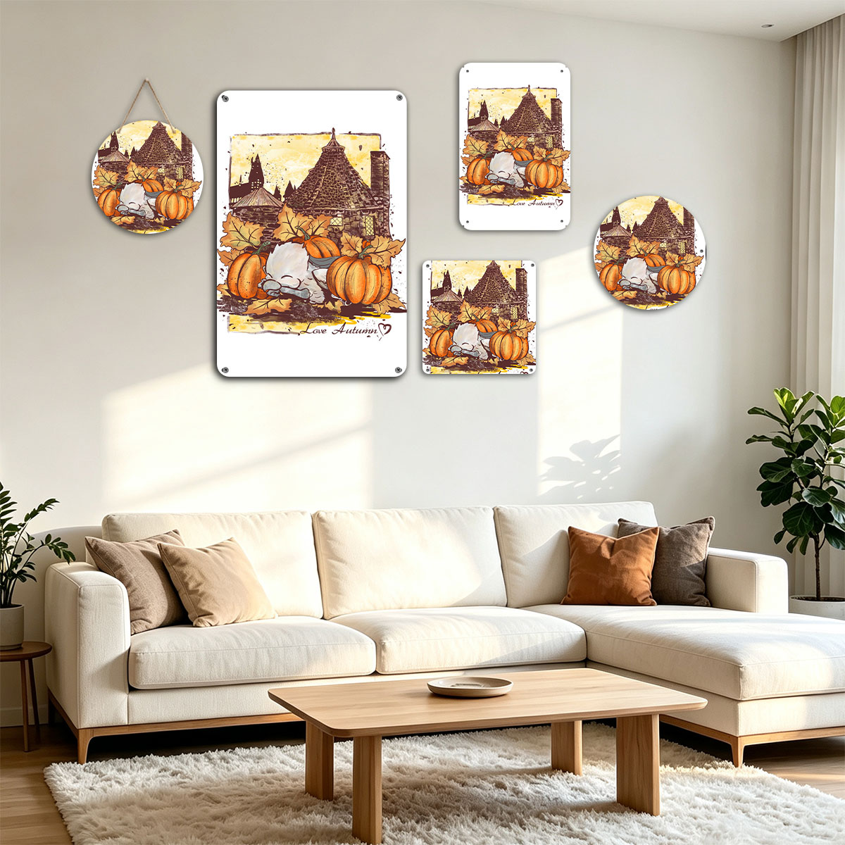 Cute Owl Sleeping Among Pumpkins and Autumn Leaves with Castle Background - Love Autumn - painting