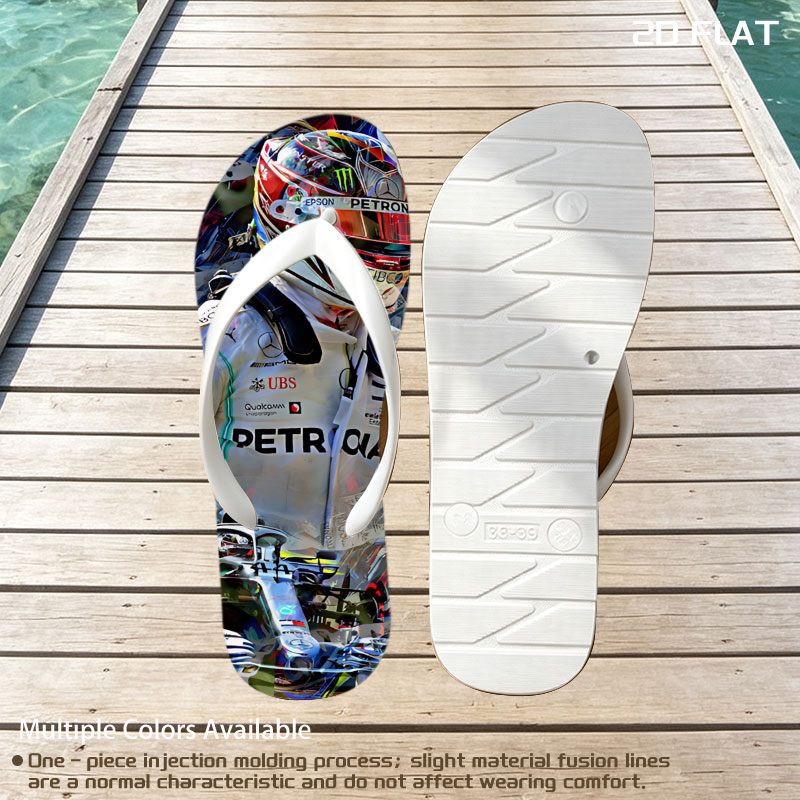 Lewis Hamilton in Mercedes F1 Racing Suit and Helmet, Petronas Sponsorship, Artistic Collage Style -  flip-flops