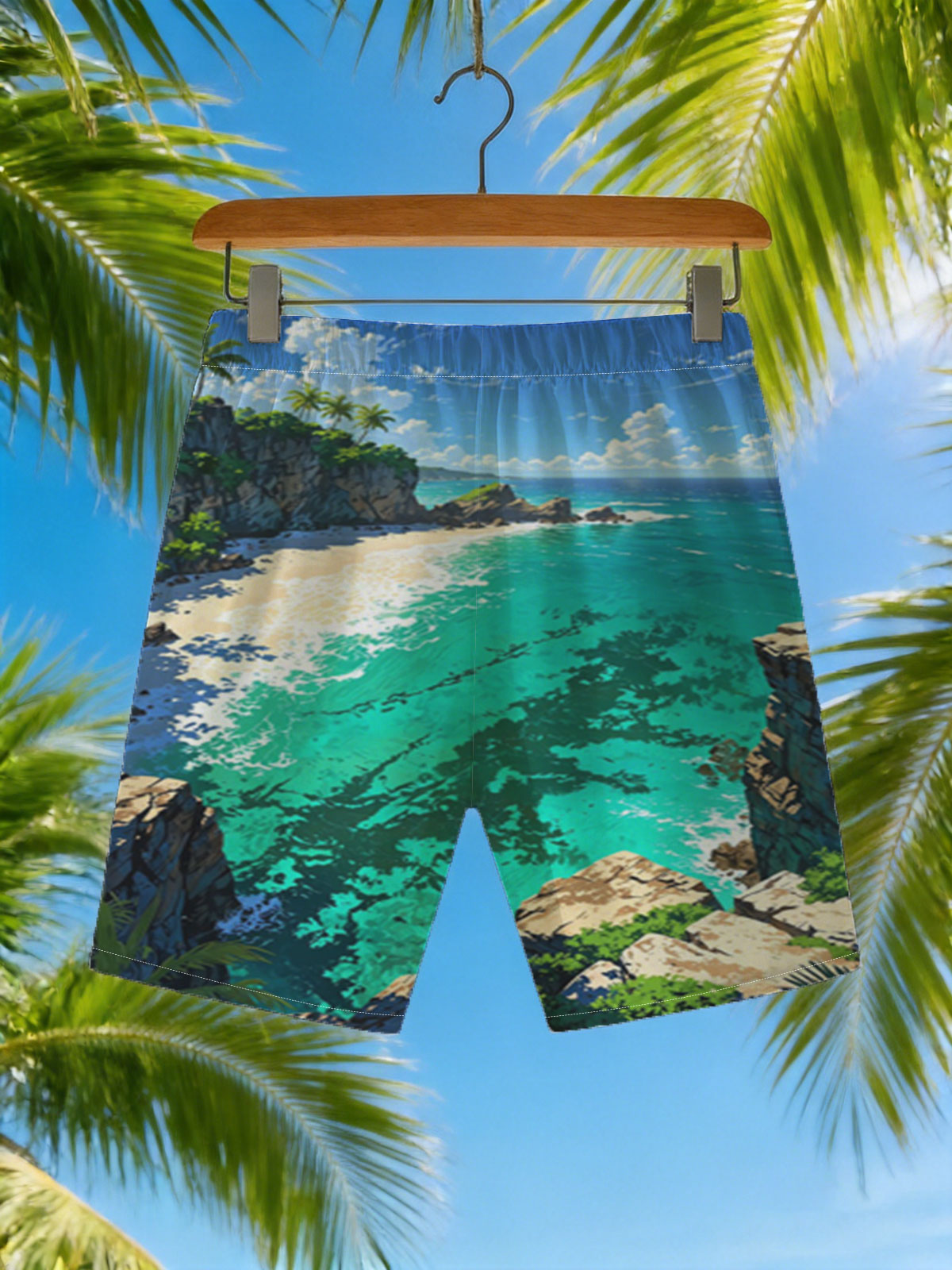 Tropical Bay with Crystal Clear Waters and Lush Cliffs -  Beach shorts