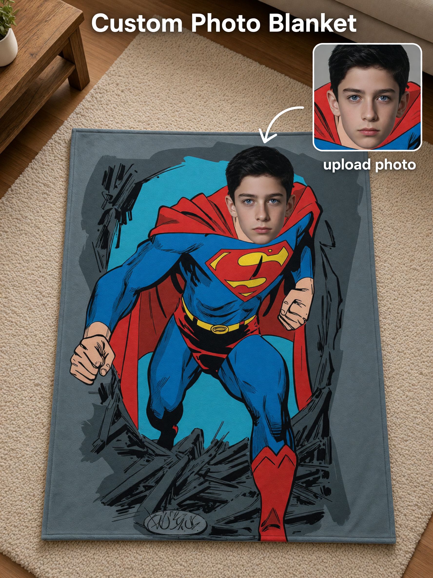 Custom Superhero Face Photo Blanket Ultra Soft Flannel Fleece Throw Ideal Personalized Gift