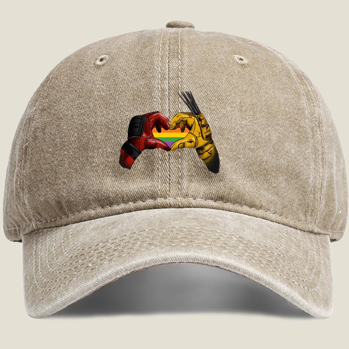 Deadpool and Wolverine Form a Rainbow Heart - Washed Denim - Baseball Cap