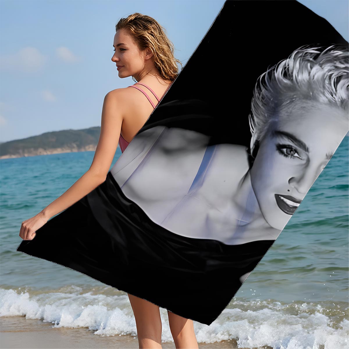 Madonna in a striking black and white portrait, showcasing bold makeup and voluminous blonde hair. - Beach towels