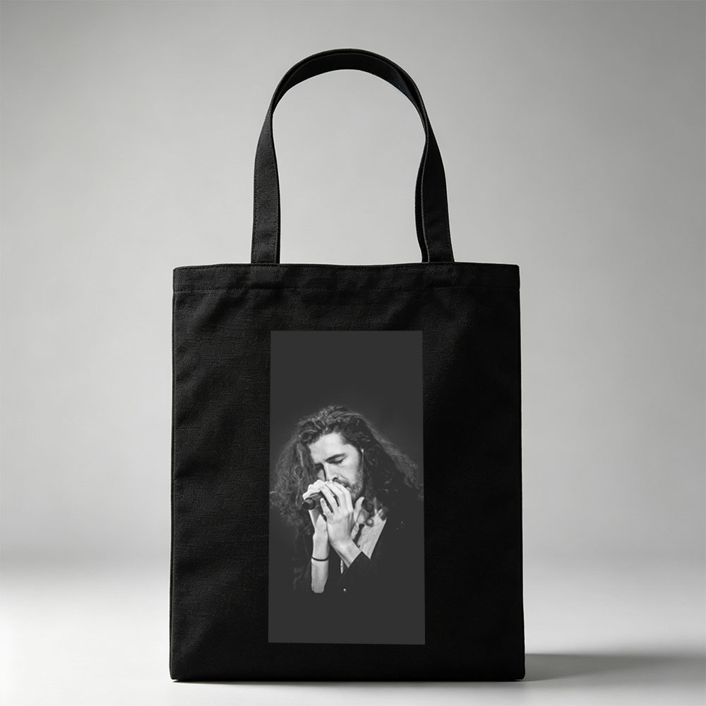 Hozier Performing on Stage Holding Microphone in Black and White - Canvas tote bags