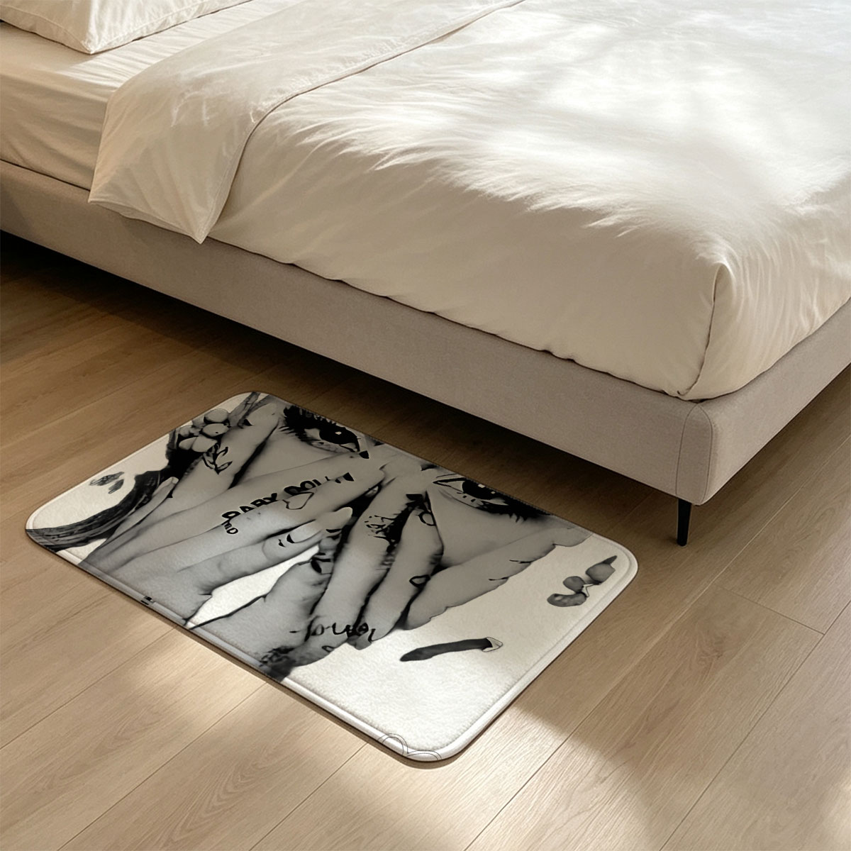 Lady Gaga: Dramatic Monochrome Portrait with Tattooed Hands and Signature - Flannel floor mat