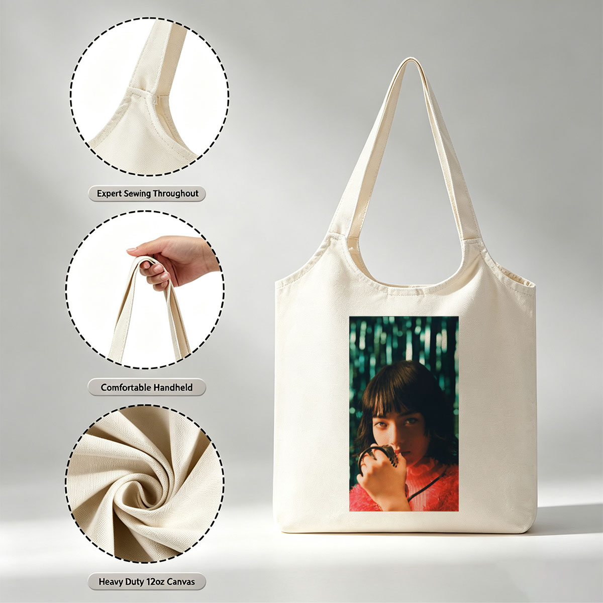 Smallville Actress Allison Mack in a Striking Red Outfit Holding a Microphone Against a Glittering Background - Canvas shoulder bags/