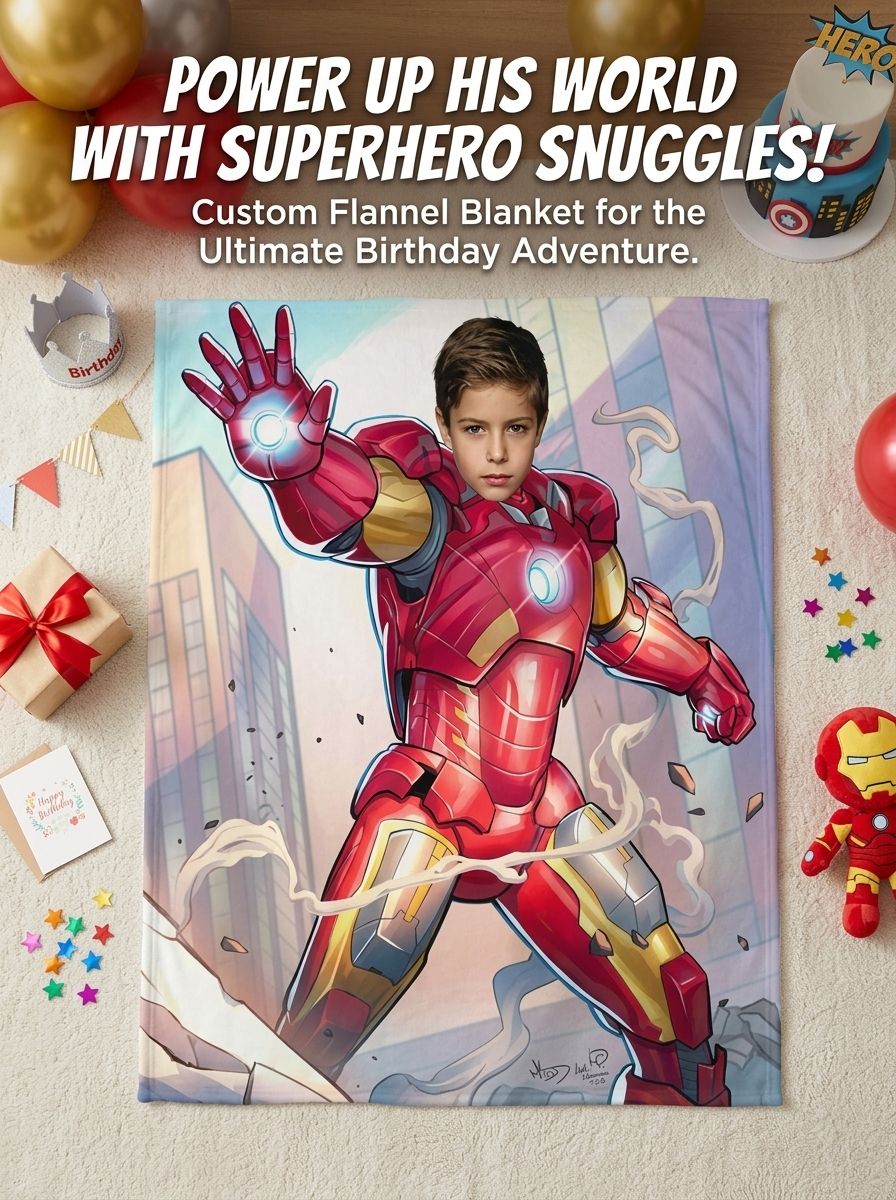 Personalized Superhero Photo Blanket Custom Face Flannel Fleece Throw Soft Skin-Friendly Bedding Gift for Kids