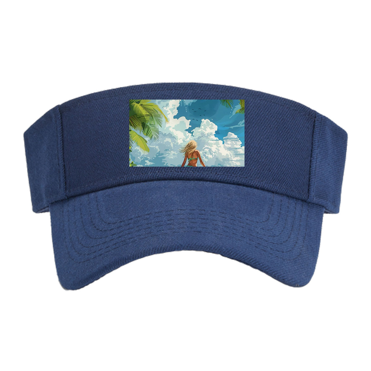 Woman surfing on tropical beach with palm trees and blue sky -  Visor cap
