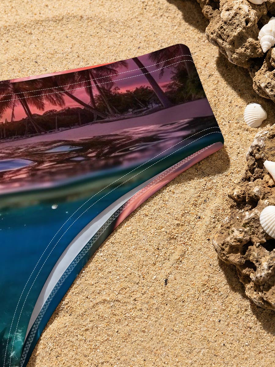 Sunset over tropical beach with underwater coral reef -  Men's swim trunks