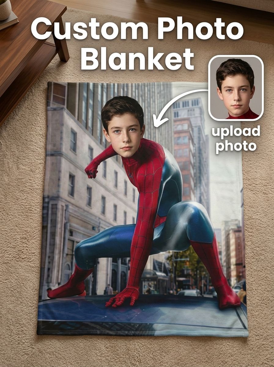 Custom Superhero Face Photo Blanket Personalized Flannel Fleece Throw for Kids and Adults Cozy Birthday Gift
