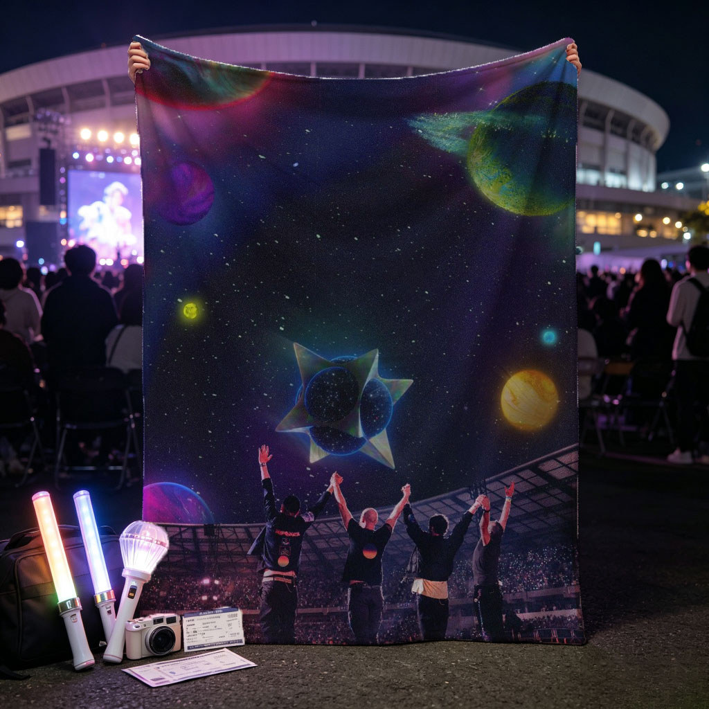 Coldplay Live Performance in a Cosmic Stadium with Vibrant Planets and Starry Sky Background - Blankets