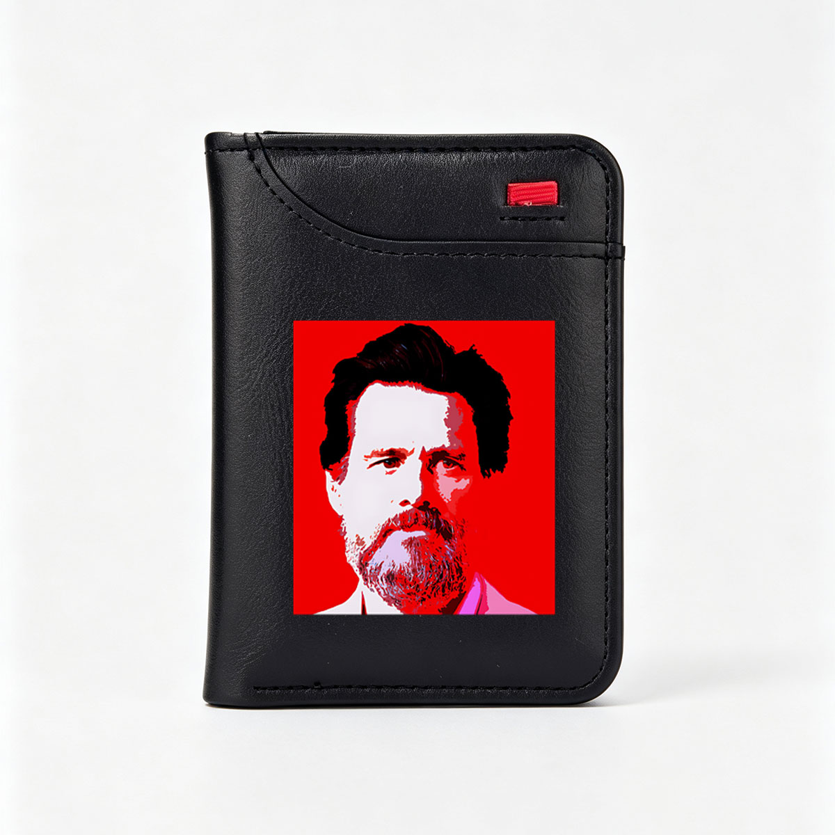 Portrait of a bearded man with intense gaze against red background - Vertical Style Wallet