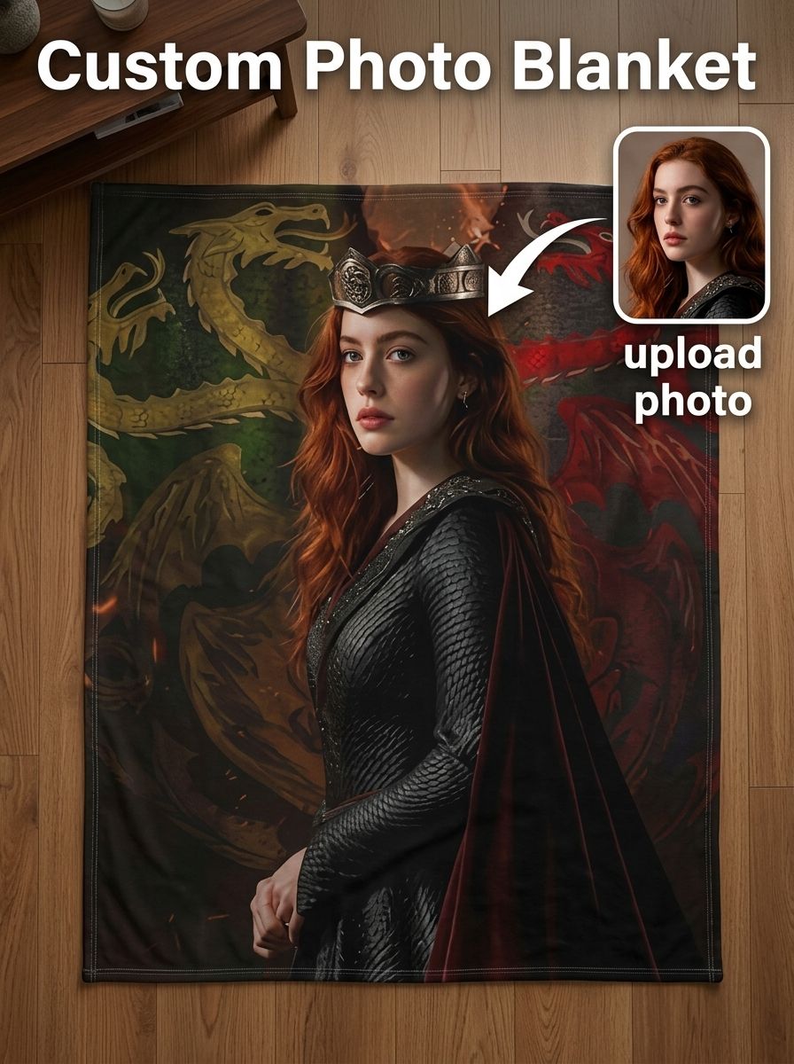Custom Photo Face Flannel Blanket, Personalized Dragon Royalty Art Cozy Throw, Ideal Personalized Gift for Bed Sofa