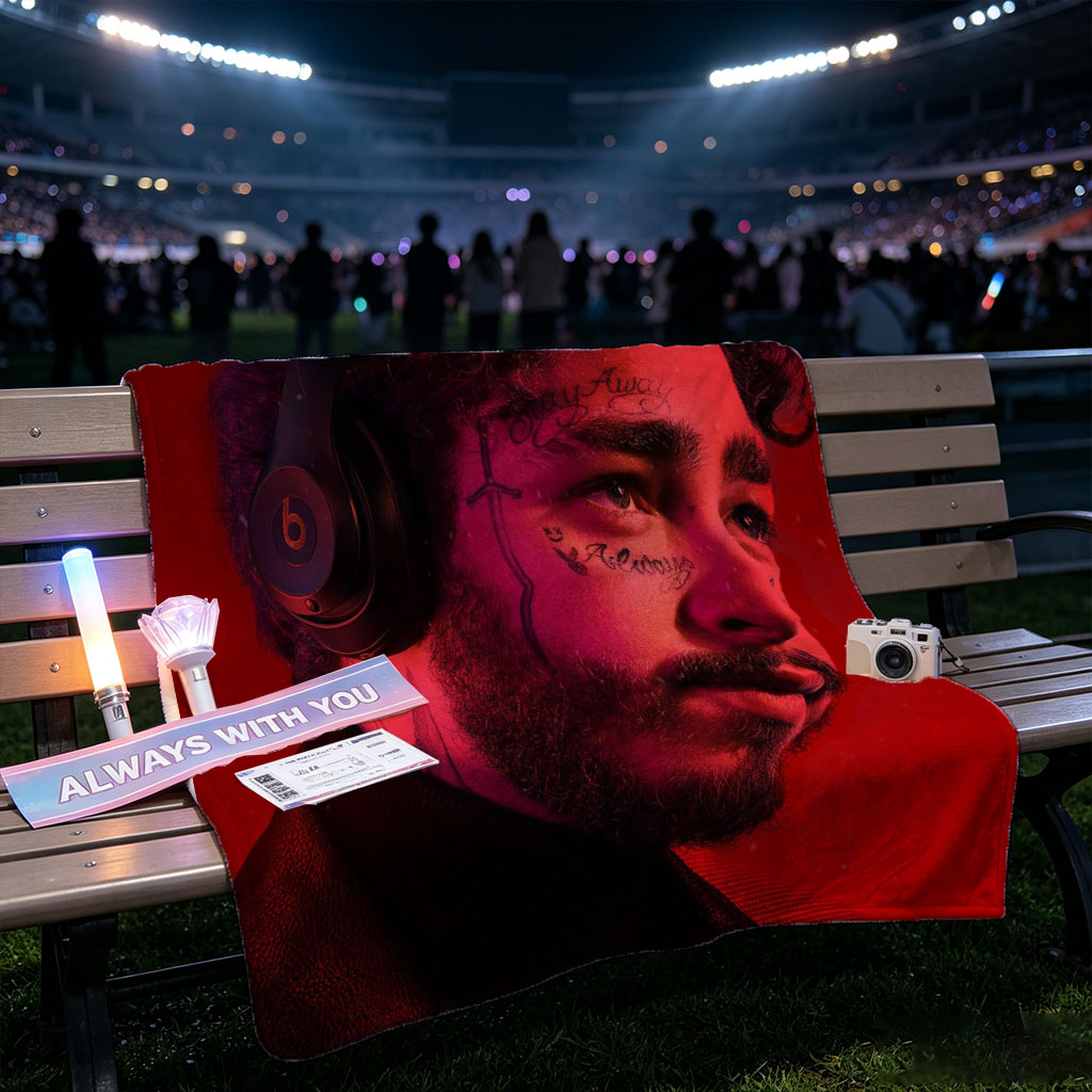 Post Malone Listening to Music with Headphones in Red Lighting - Blankets
