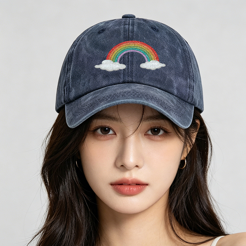 Men's Printed Washed Cap with Glitter Rainbow and Cloud Design, Casual Round Brim Summer Lightweight Hat for Outdoor Activities, Perfect for Young Adults and Trendy Streetwear Enthusiasts