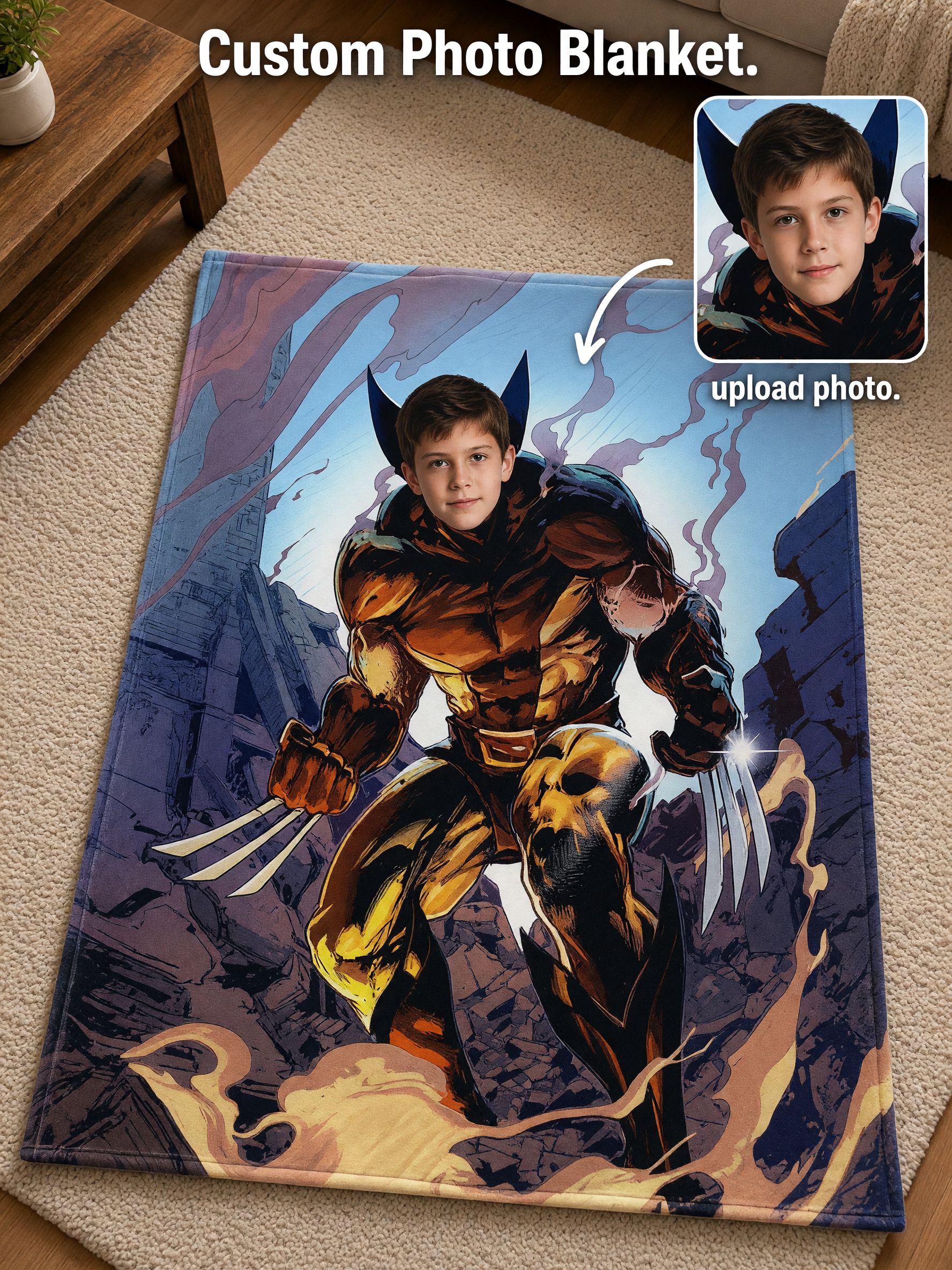 Personalized Superhero Face Photo Blanket Soft Anti-Pilling Flannel Throw Cover for Kids Adults Custom Cozy Gift