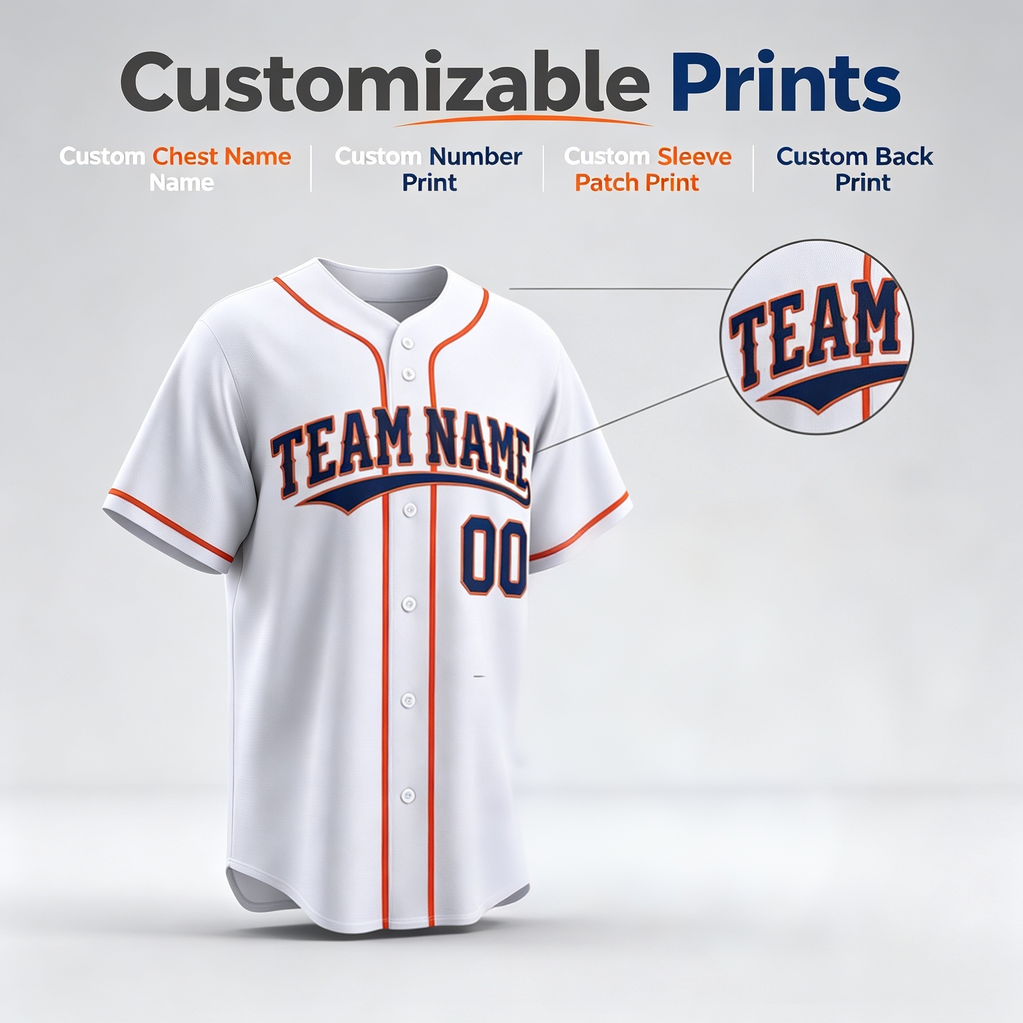 aCustom Printed Houston Space City Style Baseball Jersey White Orange Piping Button Down Shirt for Men and Women