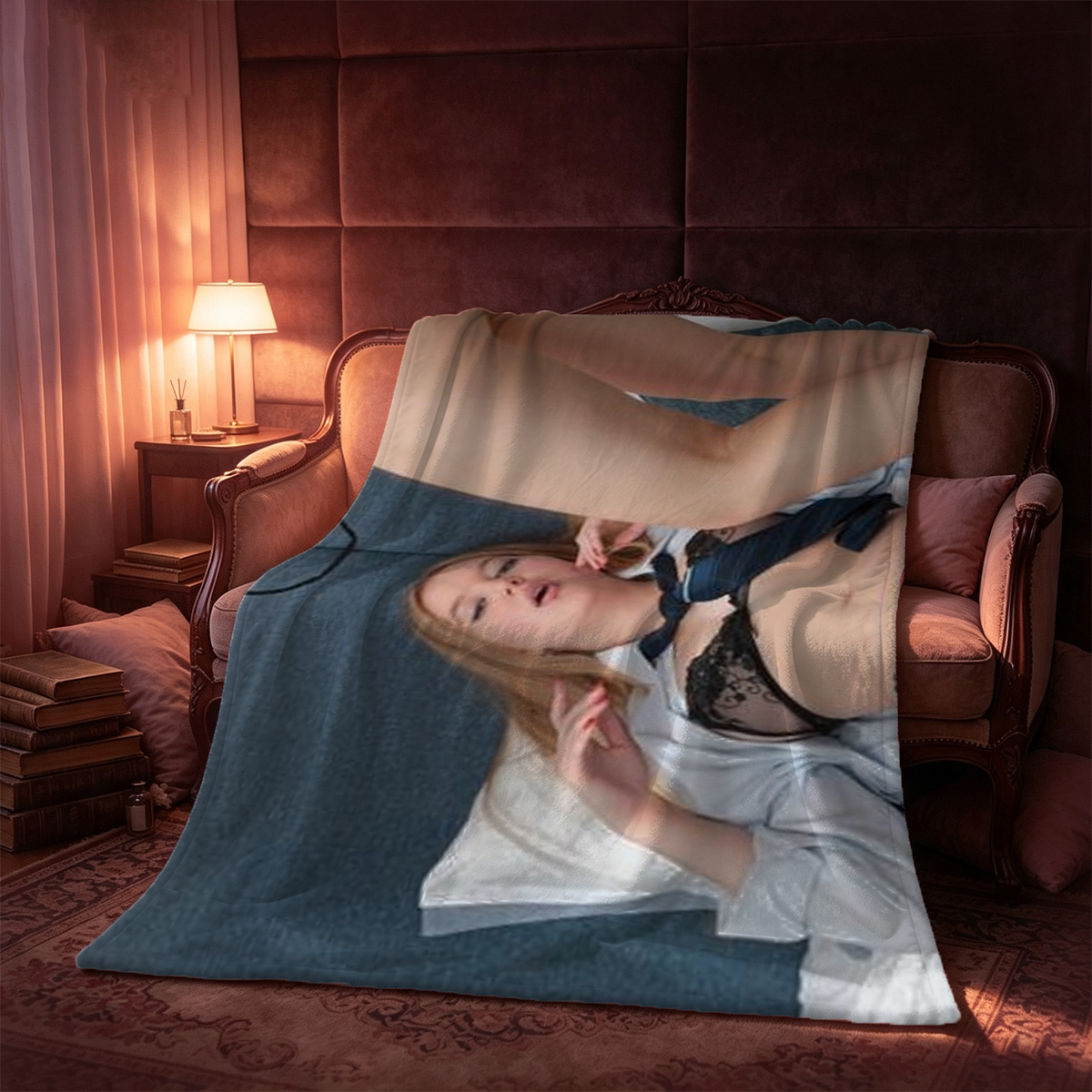 Nude Blonde Woman Holding Apples in Kitchen - Blanket