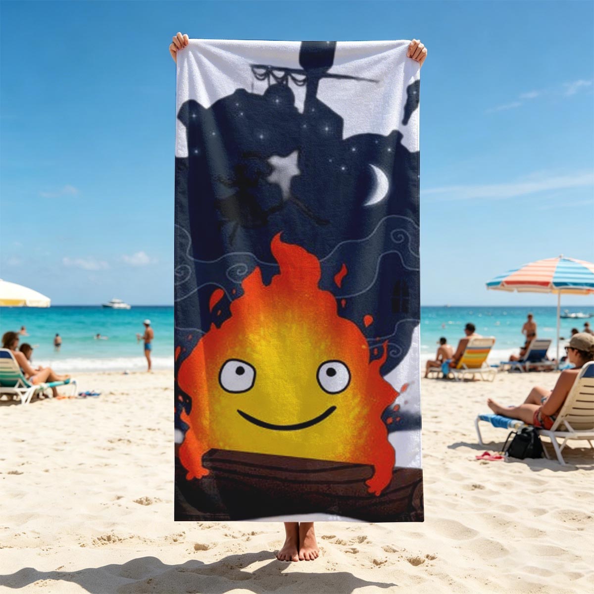 Cute Flame Character with Night Sky and Witch Silhouette Background - Beach towels