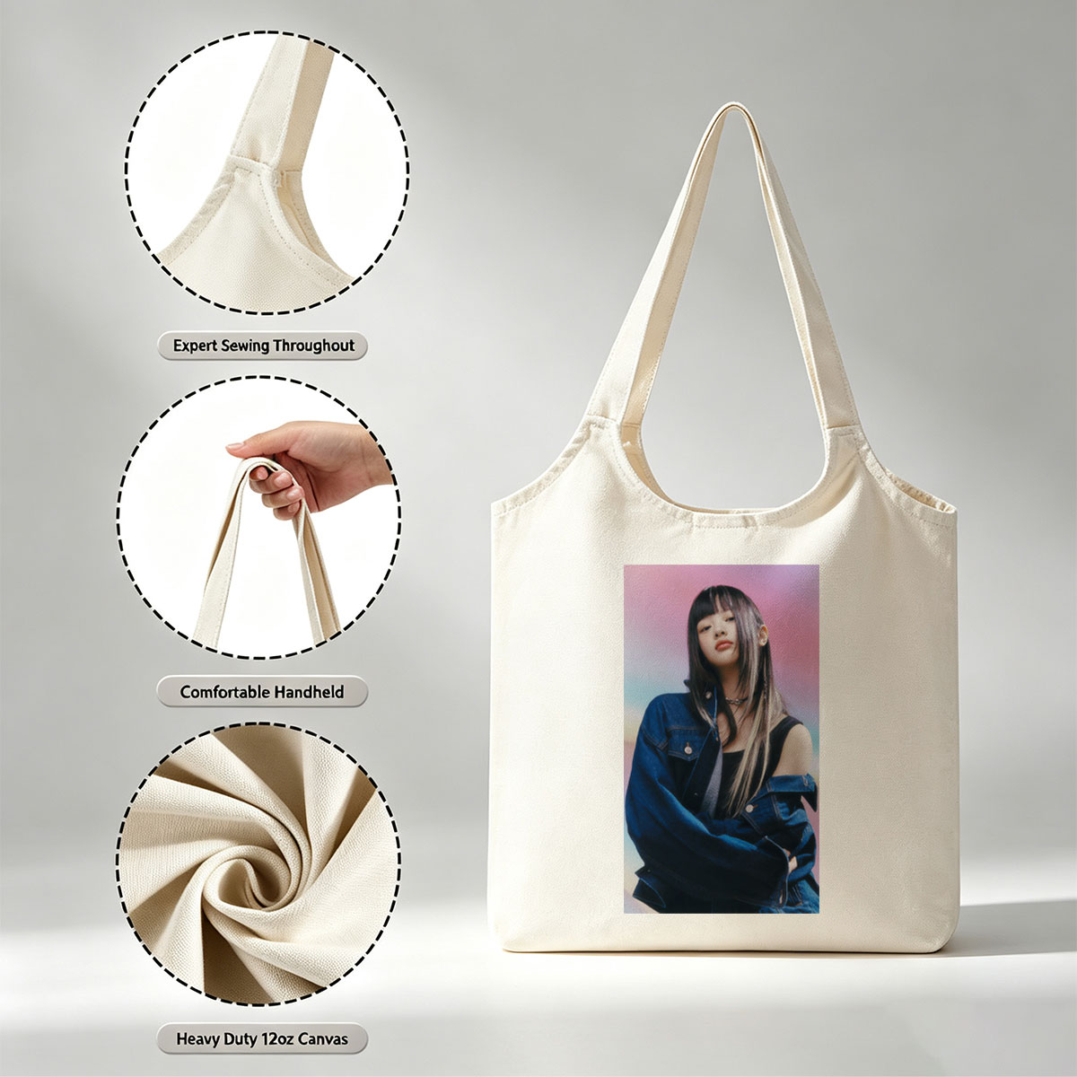 Hanni from NewJeans in a Stylish Denim Look Against a Vibrant Gradient Background - Canvas shoulder bags/
