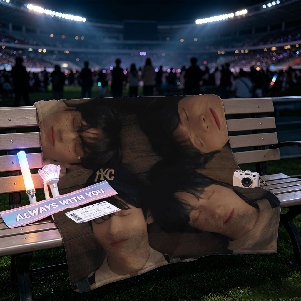 TXT Members Lying in a Circle on Wooden Floor Wearing Overalls and Casual Outfits - Blankets