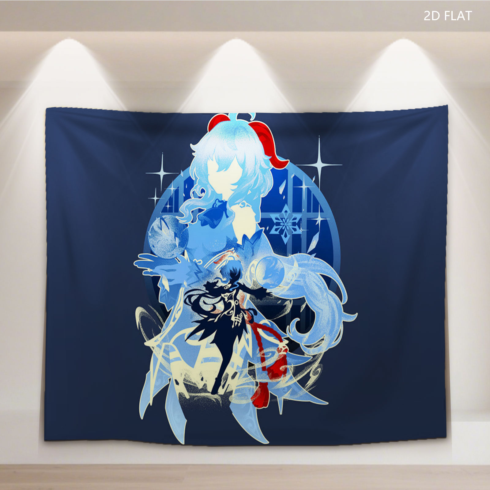 Blue-Haired Mage and Dark Warrior in Ice Magic Battle Scene - Tapestry