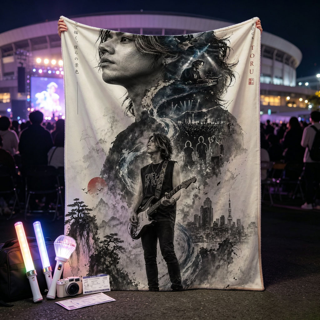 ONE OK ROCK TORU Live Performance Artwork Featuring Guitarist in Urban Landscape with Band Members and Cityscape Background - Blankets
