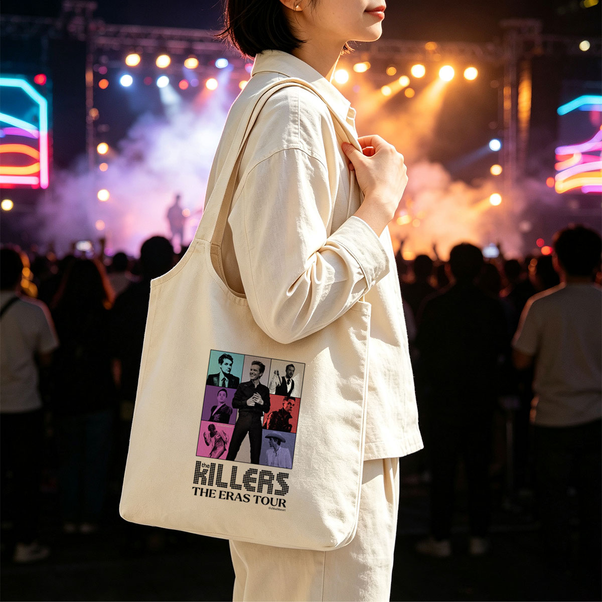 The Killers The Eras Tour Poster Featuring Band Members in Colorful Grid Layout - Canvas shoulder bags/