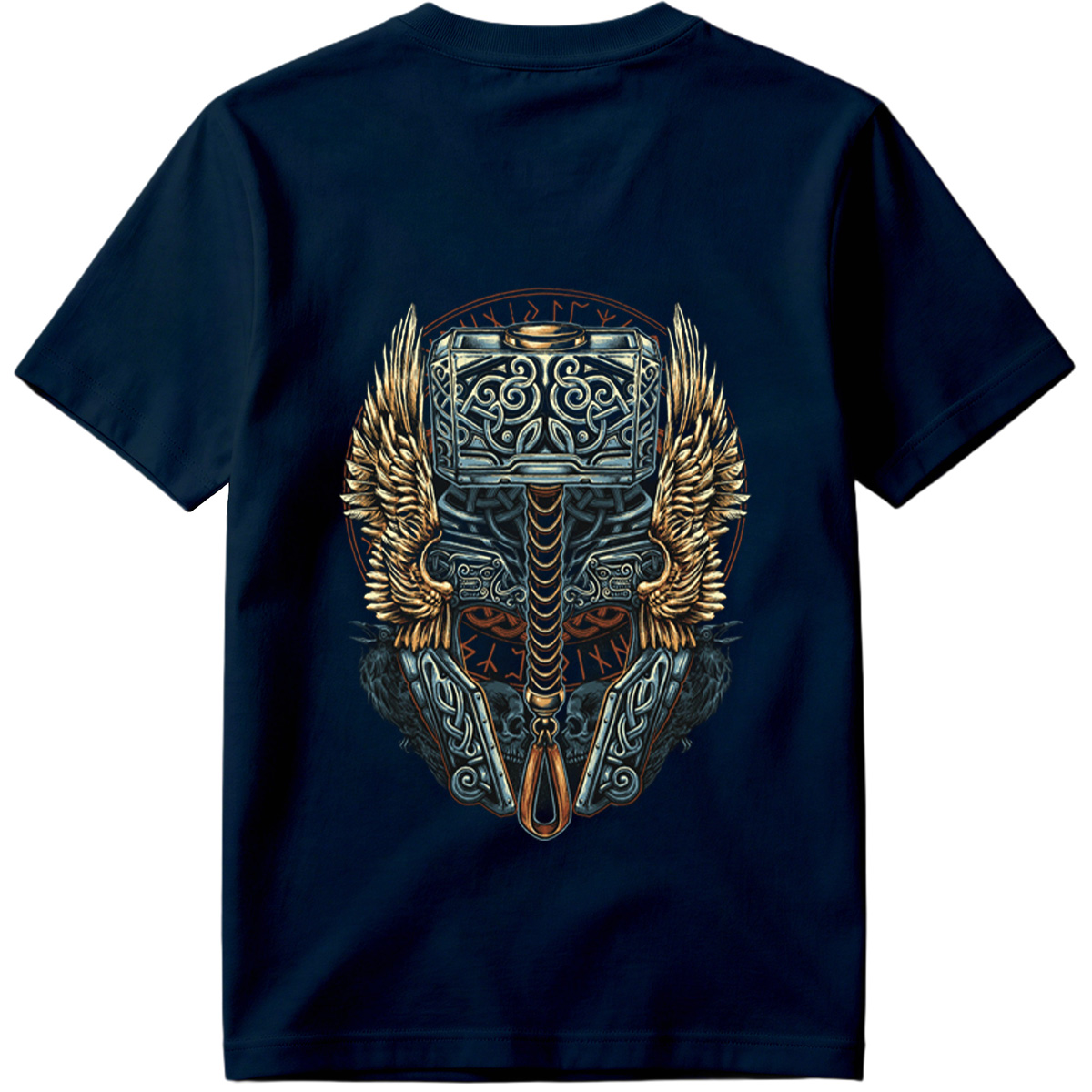 Thor's Hammer Mjolnir with Norse Symbols and Wings - Tee