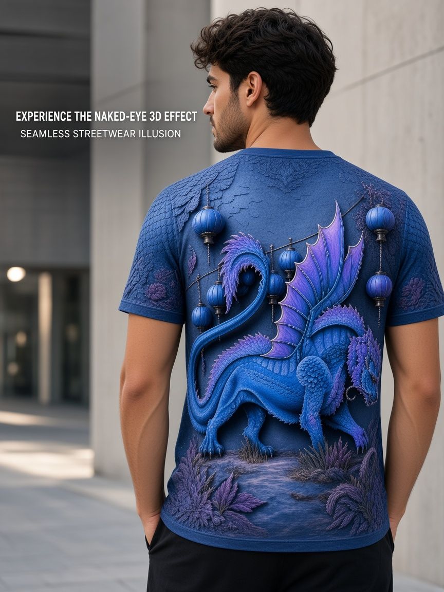 Blue Dragon 3D Optical Illusion Graphic Tee Breathable Athletic Mesh T-Shirt for Casual and Sports Wear