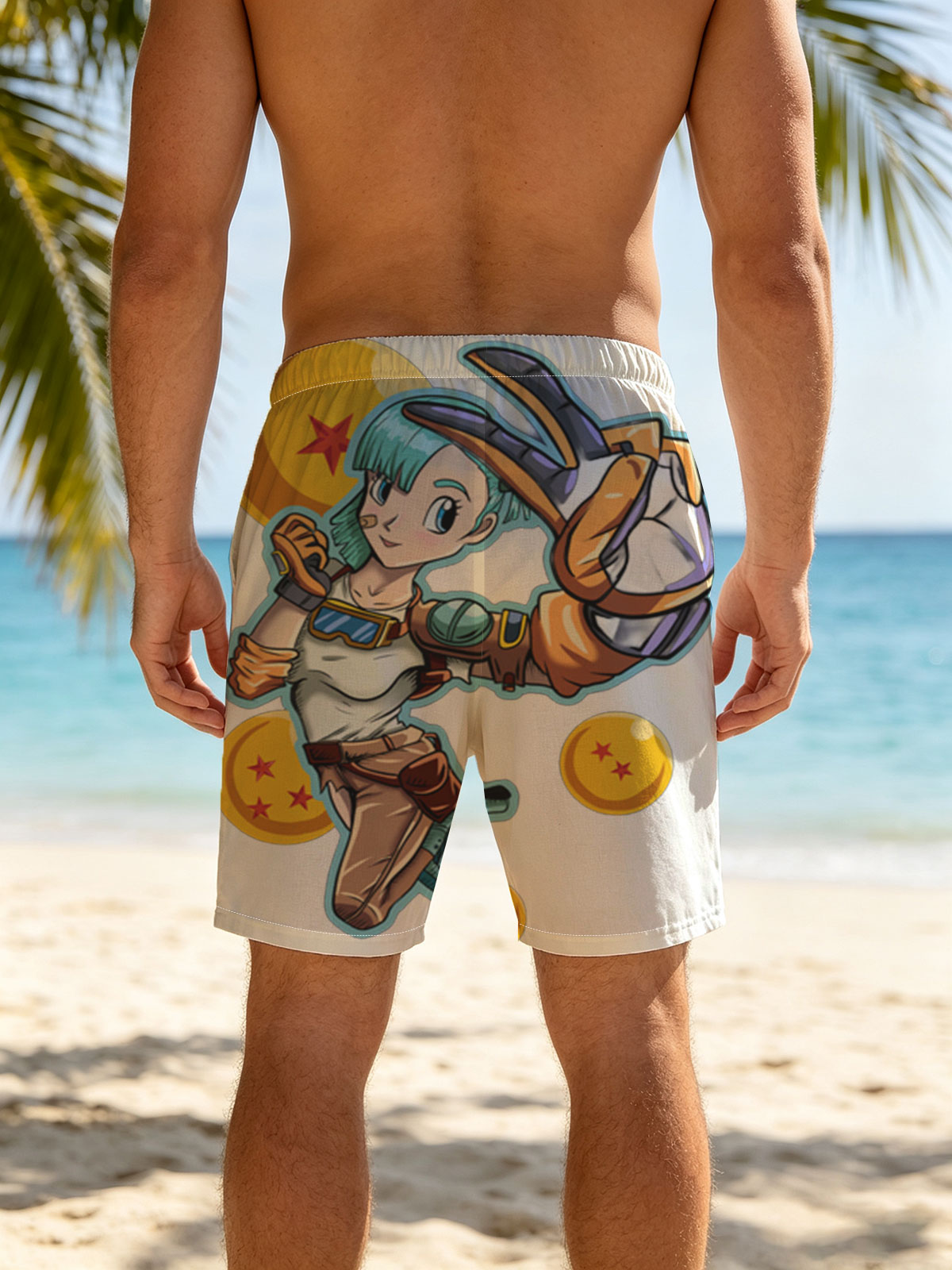 Bulma from Dragon Ball, holding a scouter, surrounded by Dragon Balls -  Beach shorts