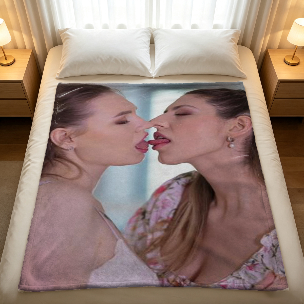 Elegant Asian beauty in black slit dress holding white lilies. - Blanket