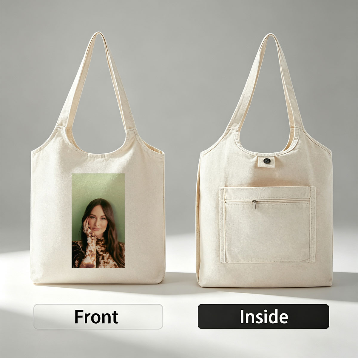 Kendall Rae - Portrait - Woman with Long Brown Hair Wearing Tie-Dye Top Against Green Background - Canvas shoulder bags/