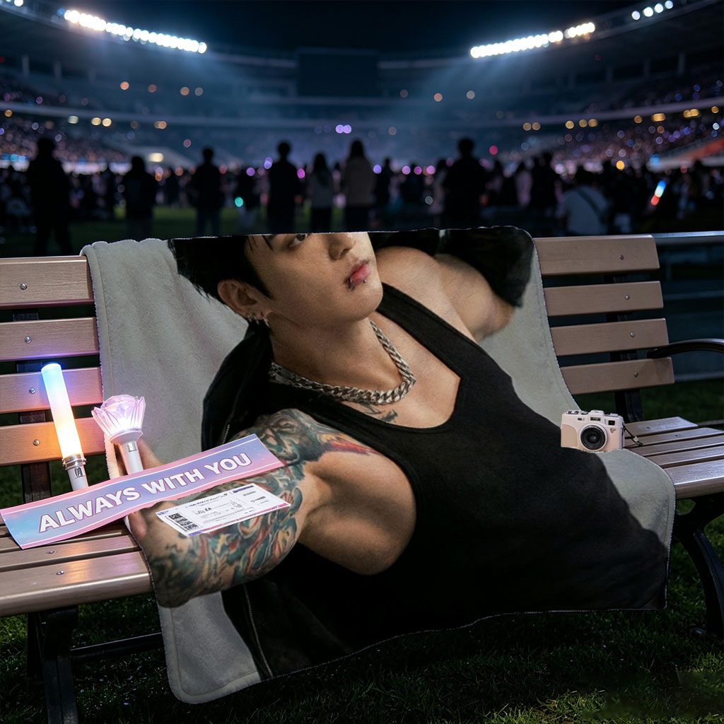 BTS Jungkook in a Powerful Pose with Tattooed Arm and Black Tank Top - Blankets