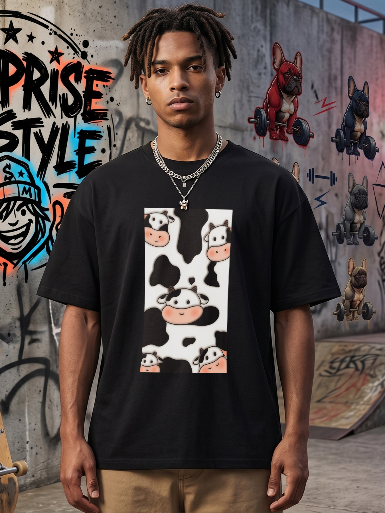 Men's Printed T-Shirt with Cute Cow Pattern and Black White Spots, Casual Round Neck Summer Lightweight Breathable Short Sleeve T-Shirt for Everyday Wear, Farm Theme Outfit for Adults and Teens