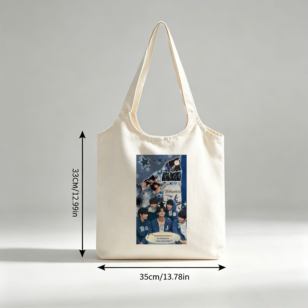 Tomorrow X Together Group Photo Collage with Blue Theme and Inspirational Quote - Canvas shoulder bags/