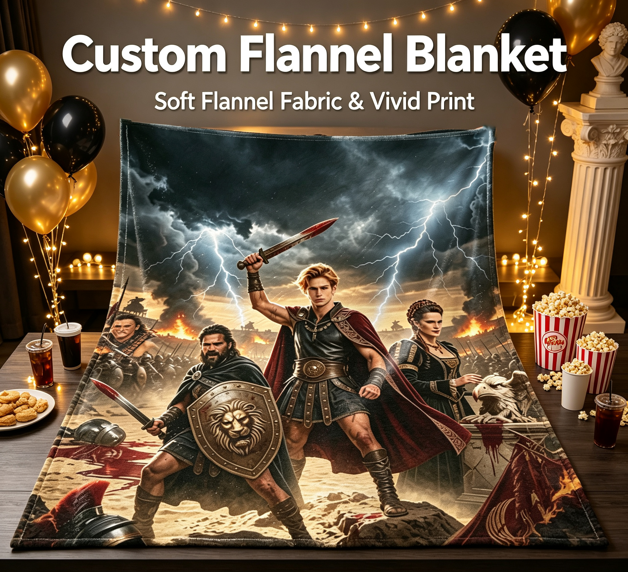 Custom Face Blanket Ancient Warrior Epic Battle Scene Flannel Blanket Perfect for Couch Cozy Nights and Birthday Gift Ideas