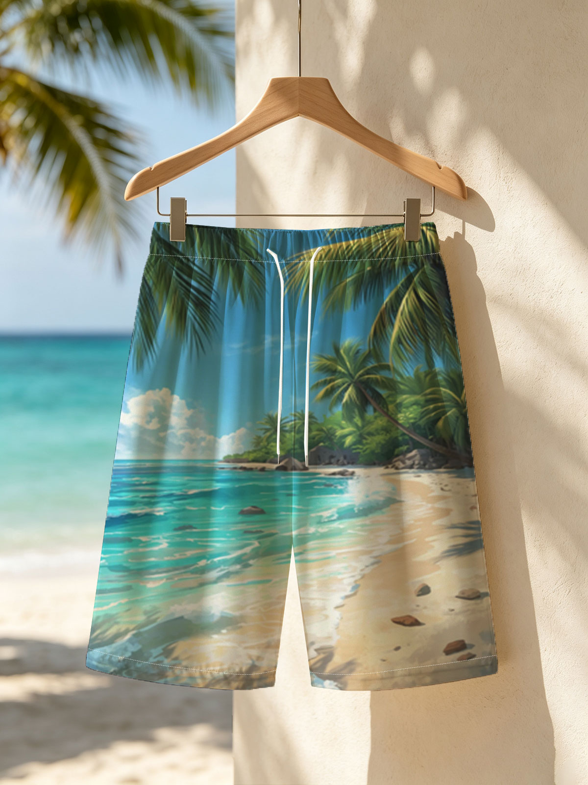 Tropical Beach with Palm Trees and Crystal Clear Water -  Beach shorts