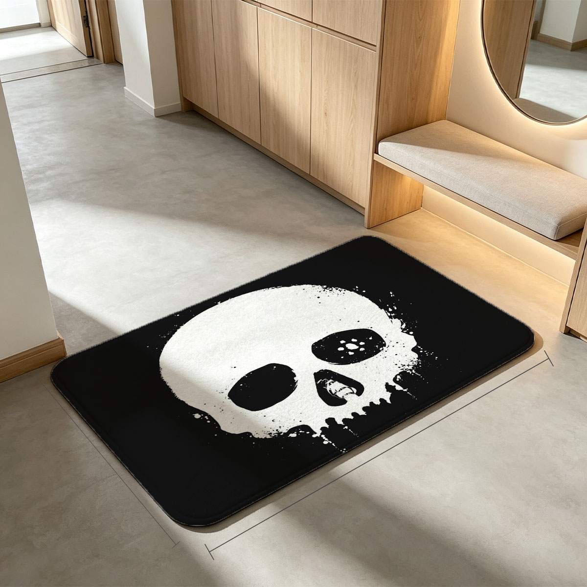 Skull with Ship in Mouth, Black and White Art - Flannel floor mat