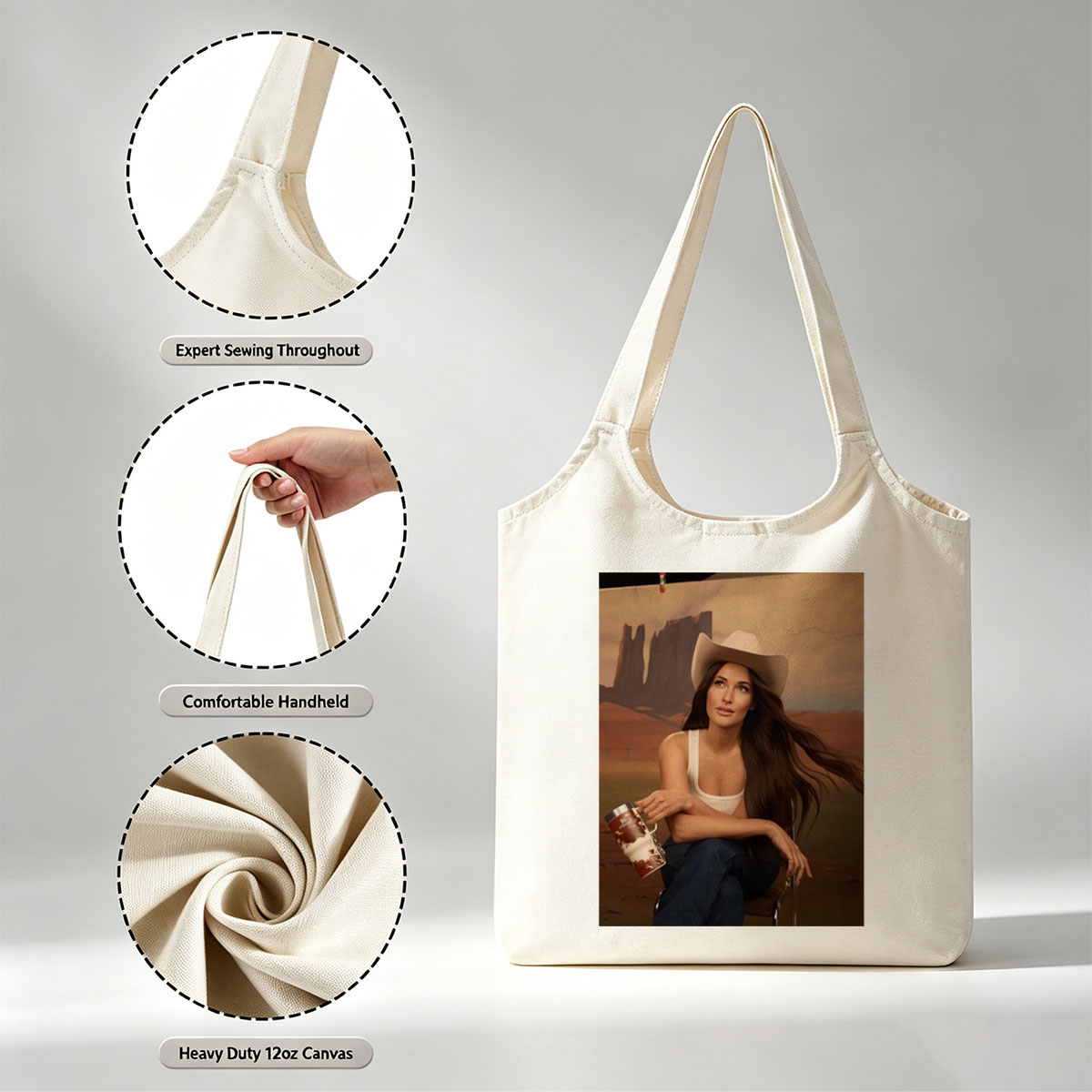 Jennifer Lopez in Cowboy Hat Holding a Mug Against Desert Backdrop - Canvas shoulder bags/